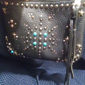Rebecca Minkoff Black Leather Crossbody with Gold and Turquoise Accents